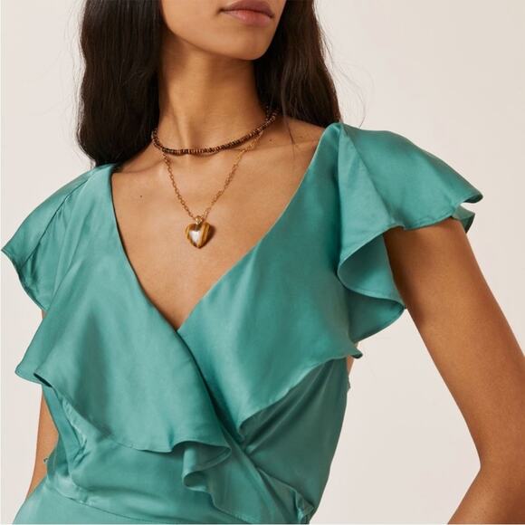 Anthropologie Green Satin Ruffle Wrap Coquette Feminine Midi Maxi Dress XXS NWT - Picture 4 of 12